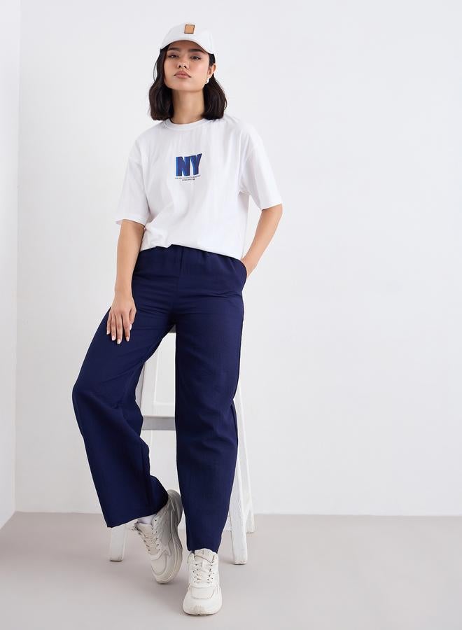 Styli Navy Blue Textured Wide Leg Casual Pants - Image 5