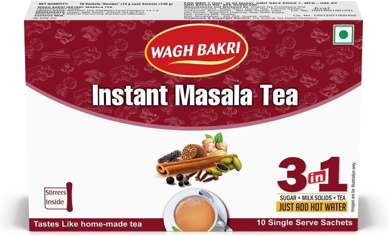 Wagh Bakri Instant Masala Tea - 3 in 1, 10 Single Serve Sachets - Image 1
