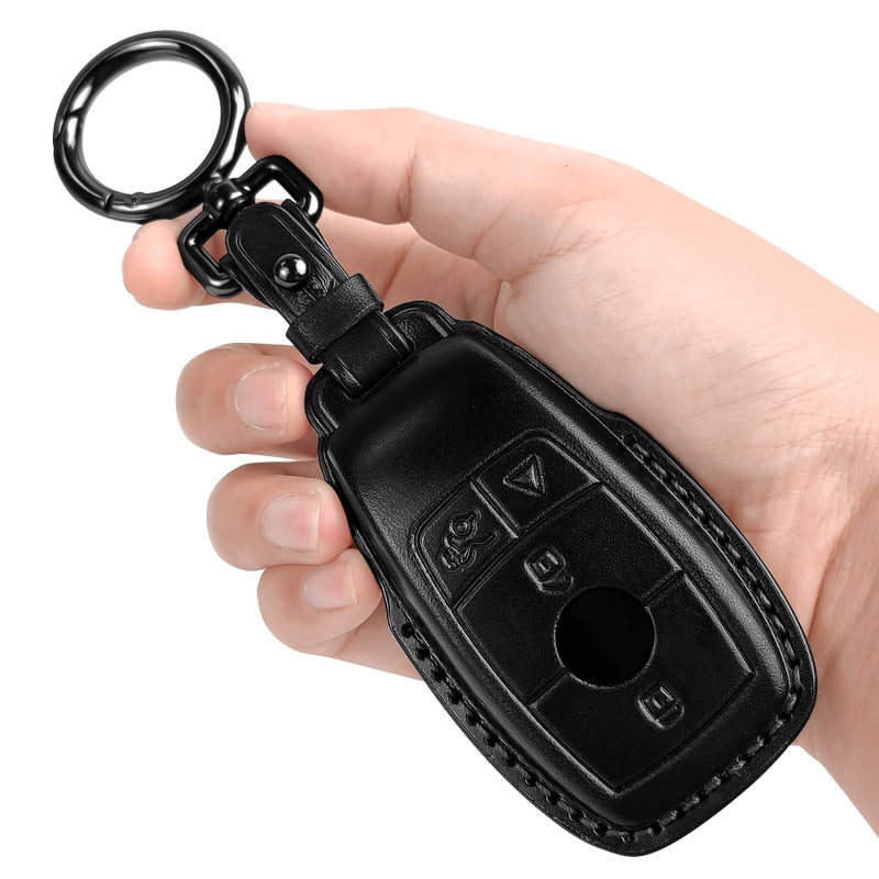Tukellen for Mercedes Benz key fob cover Genuine Leather with keychainLeather Protector Key case compatible with 20172023 EClass 20182021 SClass 20192023 AClass CClass GClass Black