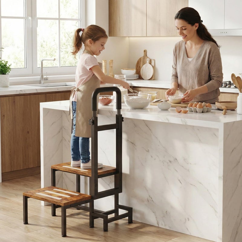VonDream 2-Tier Step Stool for Adults with Handles,Heavy Duty Bed Steps for Elderly-Bed Stools with Adjustable Handrails and Non-Skid Platform (Brown) - Image 5