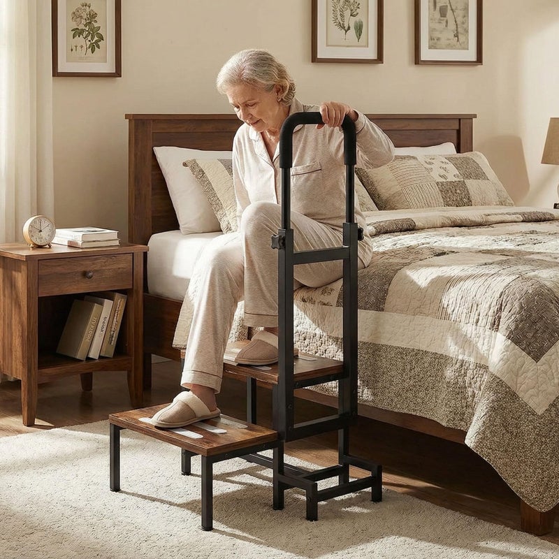 VonDream 2-Tier Step Stool for Adults with Handles,Heavy Duty Bed Steps for Elderly-Bed Stools with Adjustable Handrails and Non-Skid Platform (Brown) - Image 3