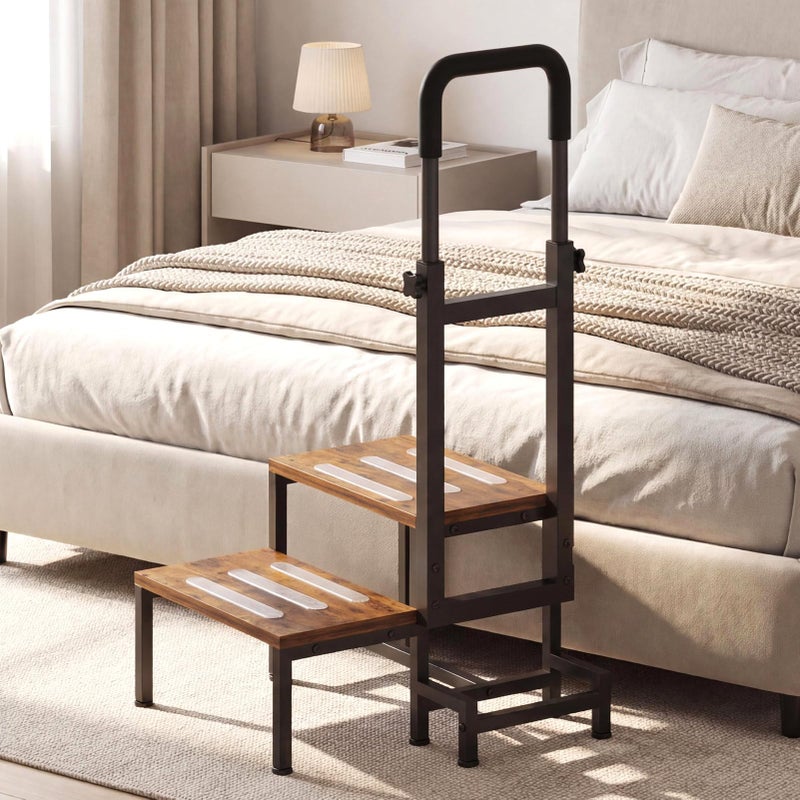 VonDream 2-Tier Step Stool for Adults with Handles,Heavy Duty Bed Steps for Elderly-Bed Stools with Adjustable Handrails and Non-Skid Platform (Brown) - Image 1