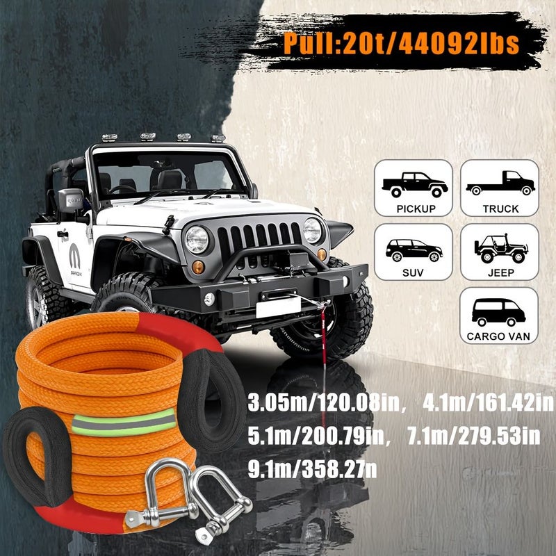 20 Ton 44092 Lb Heavy Duty Towing Rope Kit With 2 Steel Hooks Orange Storage Bag Reflective Strip All Terrain Use For Trucks SUVs Cars RVs Boats Trailers 120.08 Inch - Image 3
