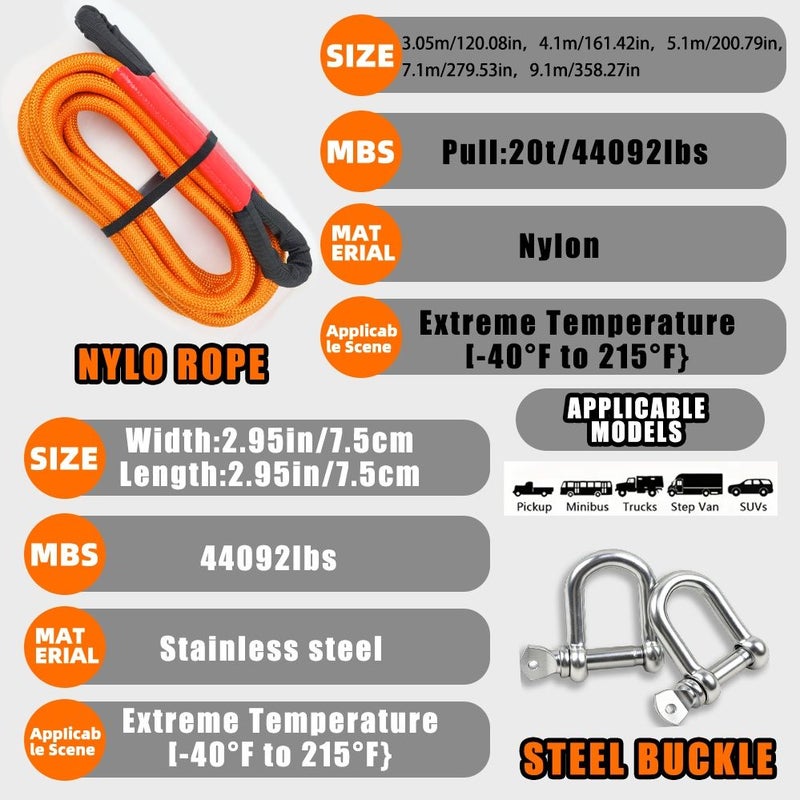 20 Ton 44092 Lb Heavy Duty Towing Rope Kit With 2 Steel Hooks Orange Storage Bag Reflective Strip All Terrain Use For Trucks SUVs Cars RVs Boats Trailers 120.08 Inch - Image 2
