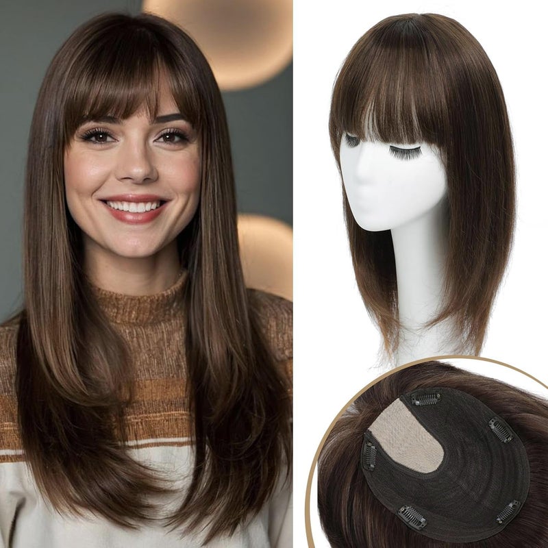 توبير الشعر للنساء شعر بشري حقيقي مع غرة توبير الشعر البشري للنساء لفروة الرأس توبير الشعر البشري توبير الشعر للنساء مع شعر خفيف تغطية تساقط الشعر بني متوسط 15 بوصة