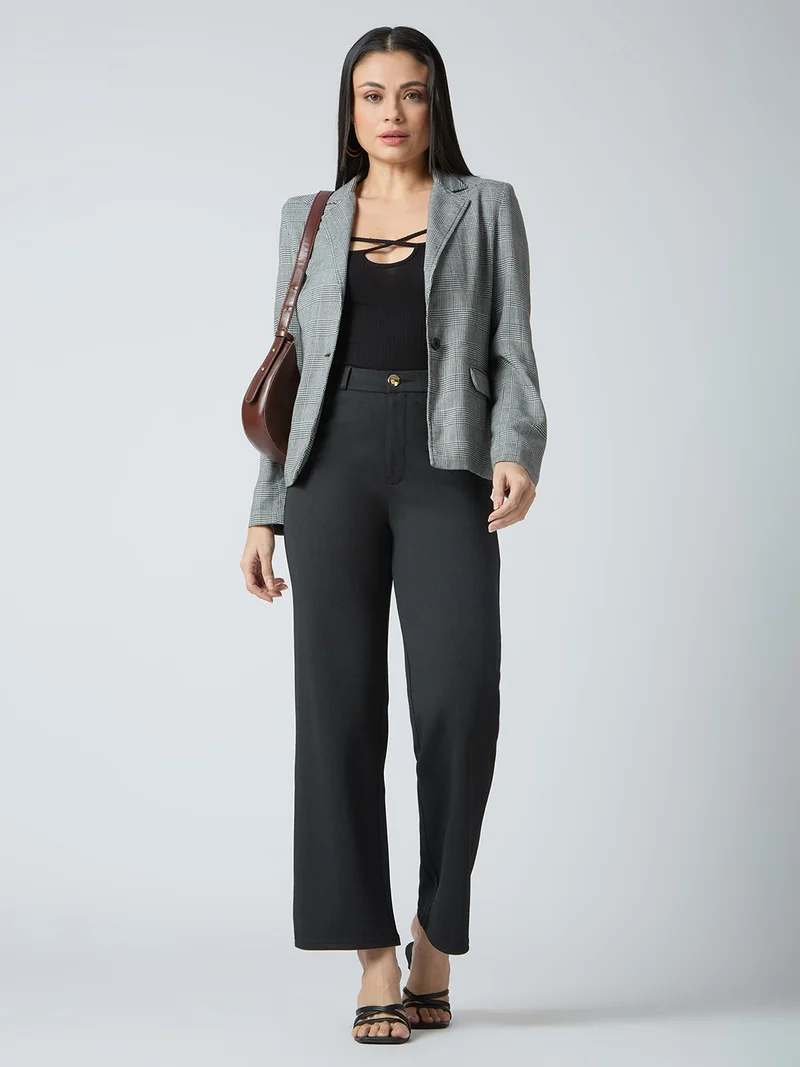 globus Women Self Checked Design Stretchable Mid-Rise Straight Fit Workwear Trousers
