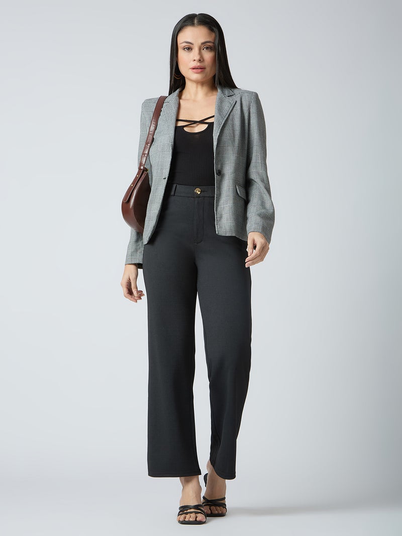 globus Globus Women Self Checked Design Stretchable Mid-Rise Straight Fit Workwear Trousers  - Image 1