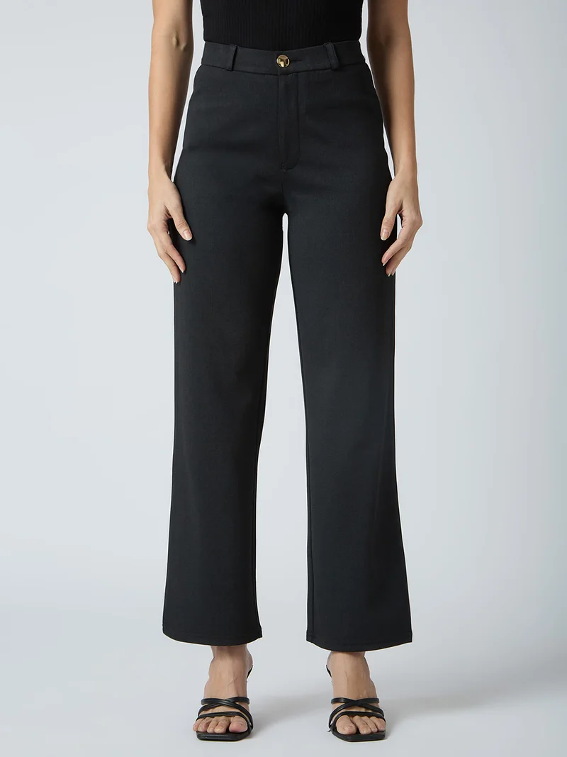 globus Women Self Checked Design Stretchable Mid-Rise Straight Fit Workwear Trousers