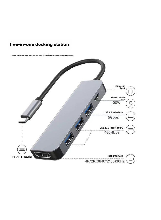 Typec Docking Station HDMI Cable HD Monitor Hub Projection Screen USB3.0 Computer Multi-port Five-in-one Docking Station-Number Of Interfaces:Five-in-one HDMI4k + USB3.0 * 2 + PD100W + Gigabit Network Port  - Image 3
