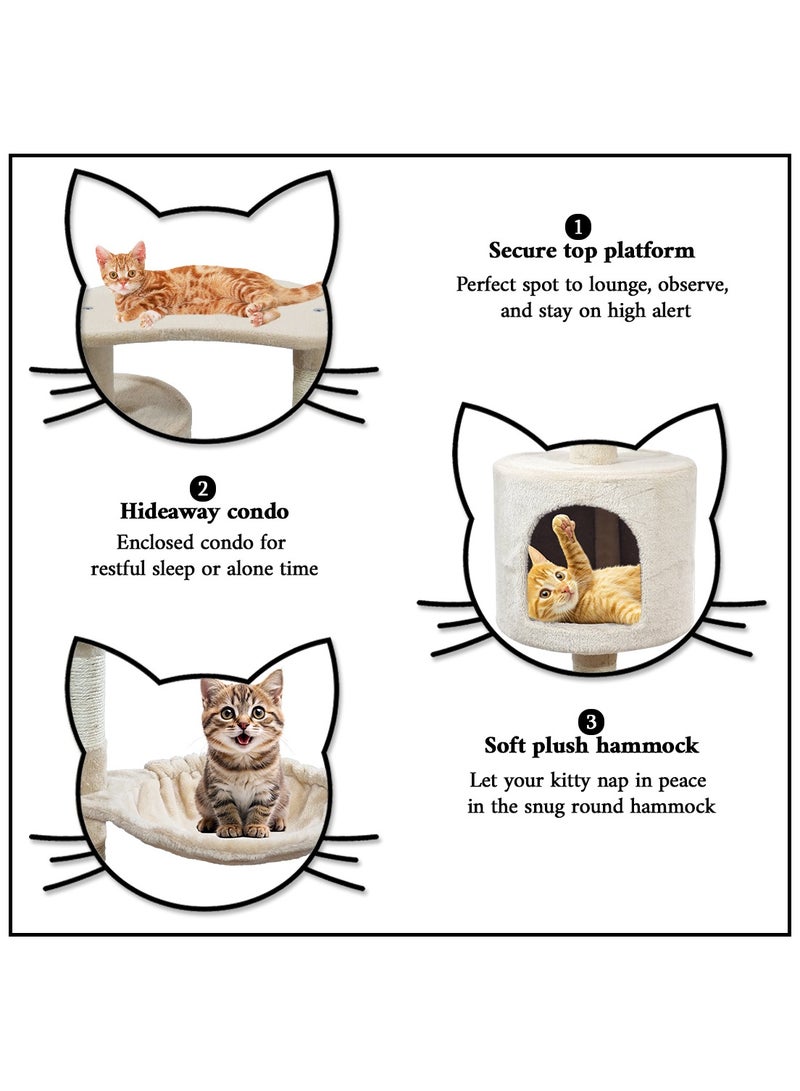 NNC PETS Multi-level cat tree with Top perch, Cozy condo, Soft hammock, and Paw shape perch, Indoor cat playground with Sisal ladder, Sisal scratching posts, and for all size breeds, 111 cm (Beige) - Image 3