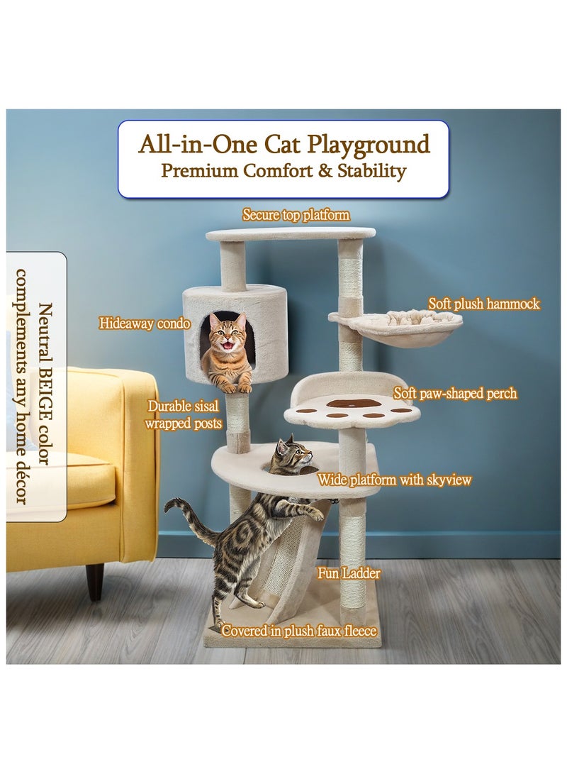 NNC PETS Multi-level cat tree with Top perch, Cozy condo, Soft hammock, and Paw shape perch, Indoor cat playground with Sisal ladder, Sisal scratching posts, and for all size breeds, 111 cm (Beige) - Image 5