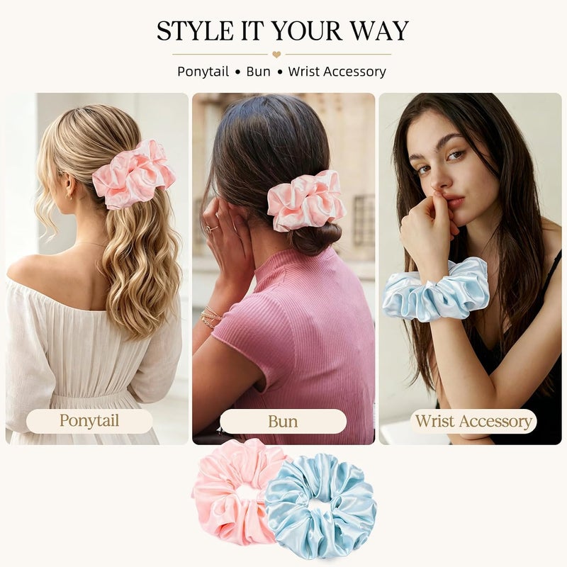 CEELGON 2 PCS Blue Pink Jumbo Satin Silky Scrunchies 6.5 Inches Oversized Scrunchie Extra Large Big Hair Ties Ponytail Holder for Thick Curly Hair Women (Light Blue, Pink) - Image 3