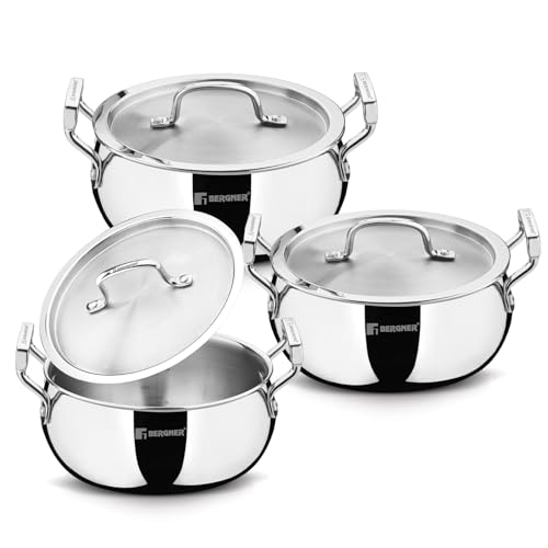 Bergner TriPro Triply Stainless Steel 6 Pcs Set Belly Shape Casserole with Lid - 16cm/1.9L, 18cm/2.3L, 20cm/3L Biryani Handi, Healthy Cooking, Consumes Less Oil, Stay Cool Handles - Induction Bottom - Image 1