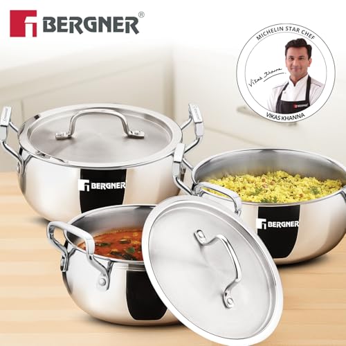 Bergner TriPro Triply Stainless Steel 6 Pcs Set Belly Shape Casserole with Lid - 16cm/1.9L, 18cm/2.3L, 20cm/3L Biryani Handi, Healthy Cooking, Consumes Less Oil, Stay Cool Handles - Induction Bottom - Image 2