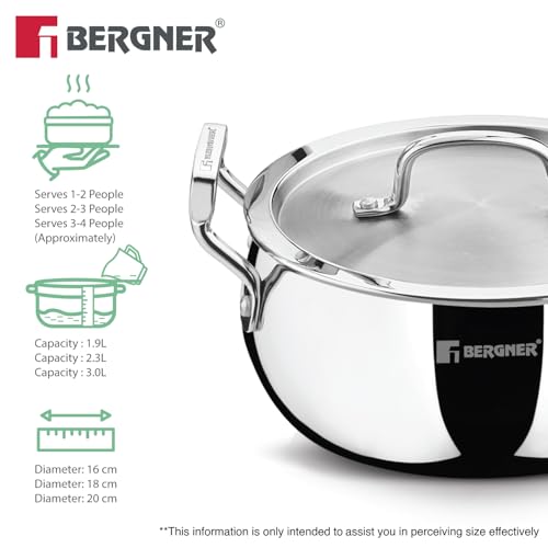 Bergner TriPro Triply Stainless Steel 6 Pcs Set Belly Shape Casserole with Lid - 16cm/1.9L, 18cm/2.3L, 20cm/3L Biryani Handi, Healthy Cooking, Consumes Less Oil, Stay Cool Handles - Induction Bottom - Image 3