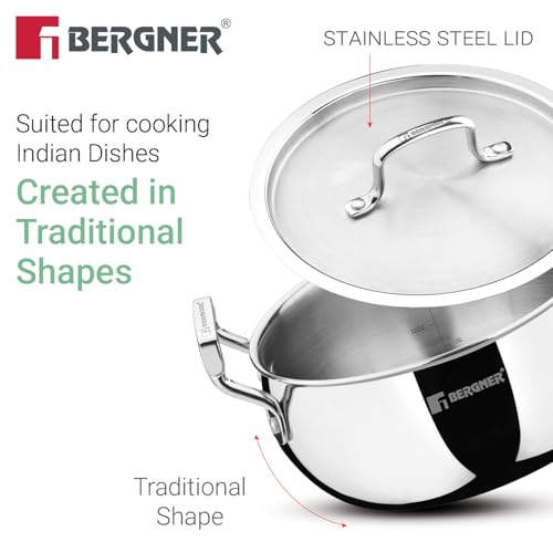 Bergner TriPro Triply Stainless Steel 6 Pcs Set Belly Shape Casserole with Lid - 16cm/1.9L, 18cm/2.3L, 20cm/3L Biryani Handi, Healthy Cooking, Consumes Less Oil, Stay Cool Handles - Induction Bottom - Image 5