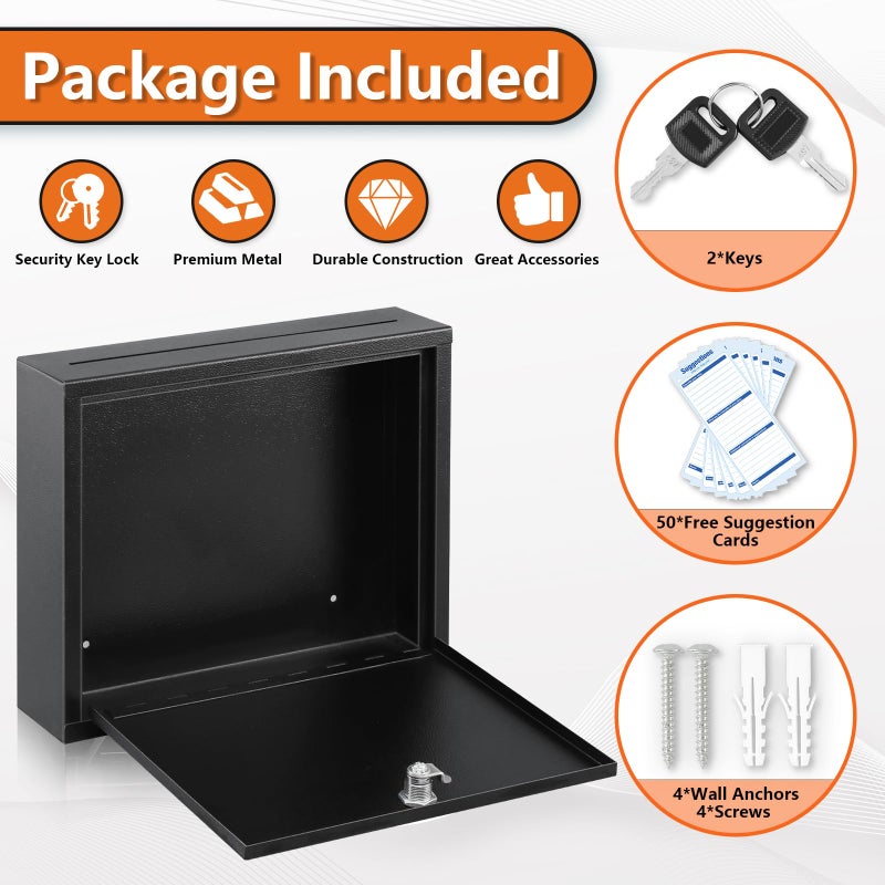 KYODOLED Suggestion Box with Lock and Slot, Wall Mounted Small Mailbox for Office, Key Drop Box with 50 Free Suggestion Cards, Safe Lock Box, Ballot Box, Donation Box, 3W x 10H x 12L Inch, Black - Image 5