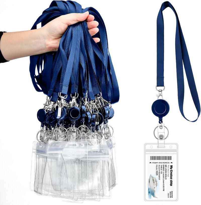 Woanger 50 Pack Cruise Lanyard With ID Holder Sets  Retractable Reel Clear Name Tag Holders Vertical Badge Holders for Business Conference Navy Blue - Image 1