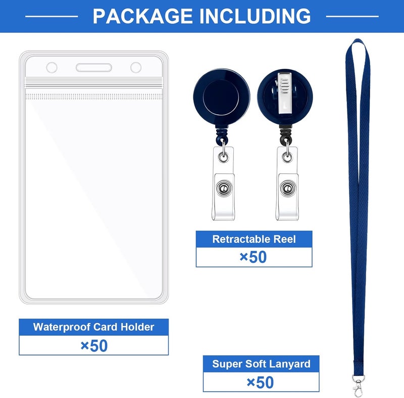 Woanger 50 Pack Cruise Lanyard With ID Holder Sets  Retractable Reel Clear Name Tag Holders Vertical Badge Holders for Business Conference Navy Blue - Image 3