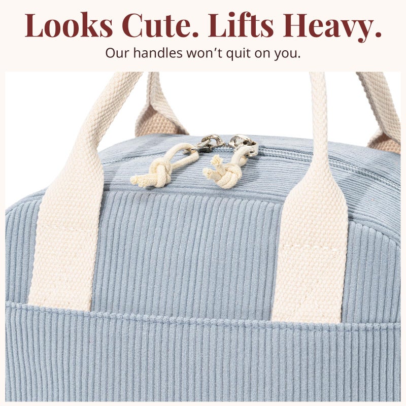 LOVELYWIND Insulated Lunch Bag for Women Men, Stylish Corduroy Tote Bag with Aluminum Lining, Large Capacity Reusable Cooler for Work, Travel, or Beach, Dusty Blue Lunch Box - Image 5