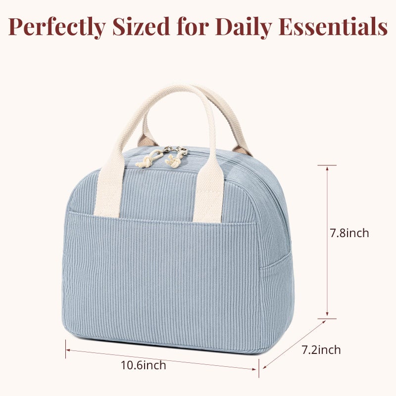 LOVELYWIND Insulated Lunch Bag for Women Men, Stylish Corduroy Tote Bag with Aluminum Lining, Large Capacity Reusable Cooler for Work, Travel, or Beach, Dusty Blue Lunch Box - Image 4