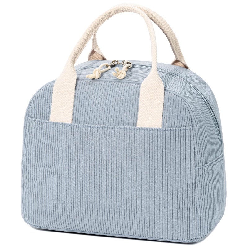 LOVELYWIND Insulated Lunch Bag for Women Men, Stylish Corduroy Tote Bag with Aluminum Lining, Large Capacity Reusable Cooler for Work, Travel, or Beach, Dusty Blue Lunch Box - Image 1