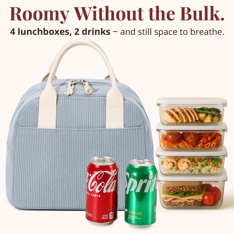 LOVELYWIND Insulated Lunch Bag for Women Men, Stylish Corduroy Tote Bag with Aluminum Lining, Large Capacity Reusable Cooler for Work, Travel, or Beach, Dusty Blue Lunch Box - Image 2