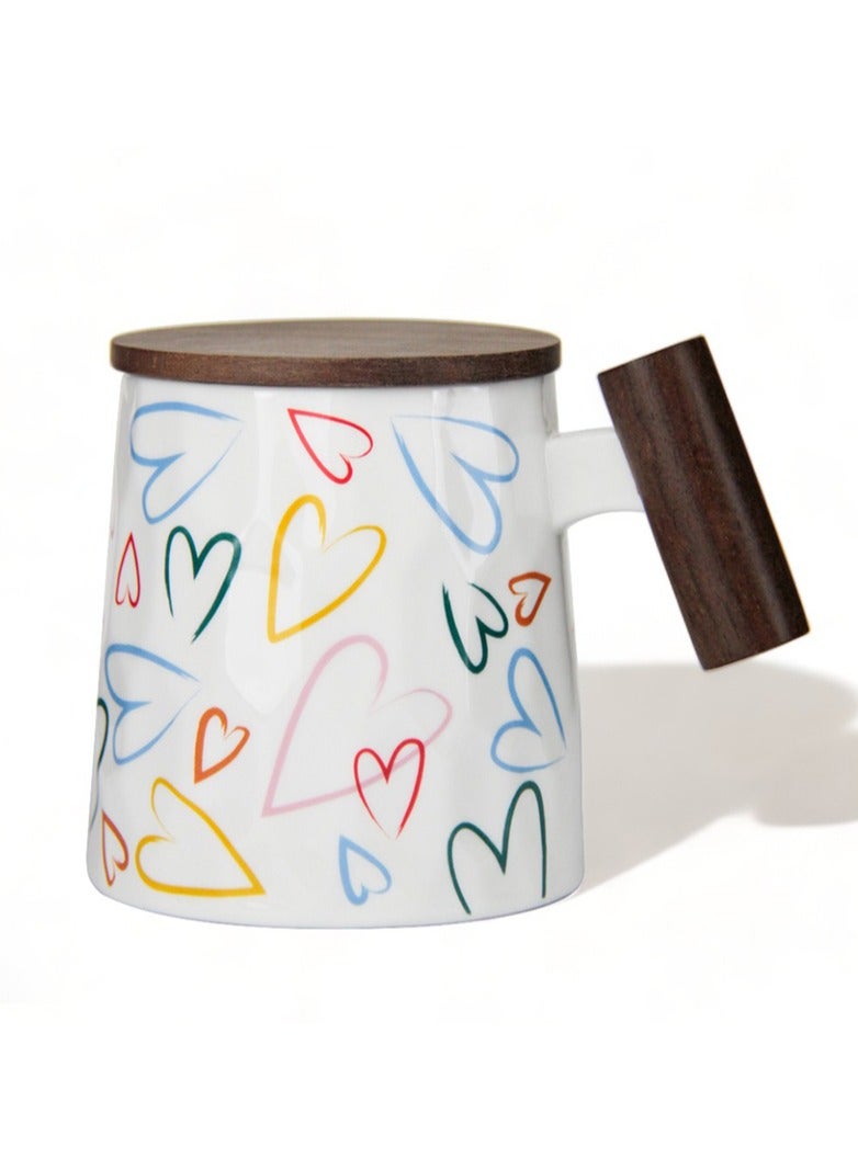 تيلاند كوب بورسلين بغطاء يتميز بمقبض من خشب الورد مثالي للقهوة والشاي واللاتيه والكابتشينو والكاكاو الساخن والحليب وكوب شاي سيراميك للحفلات لمحبي الشاي والهدايا والمنزل والمكتب 400 مل على شكل قلب - Image 1