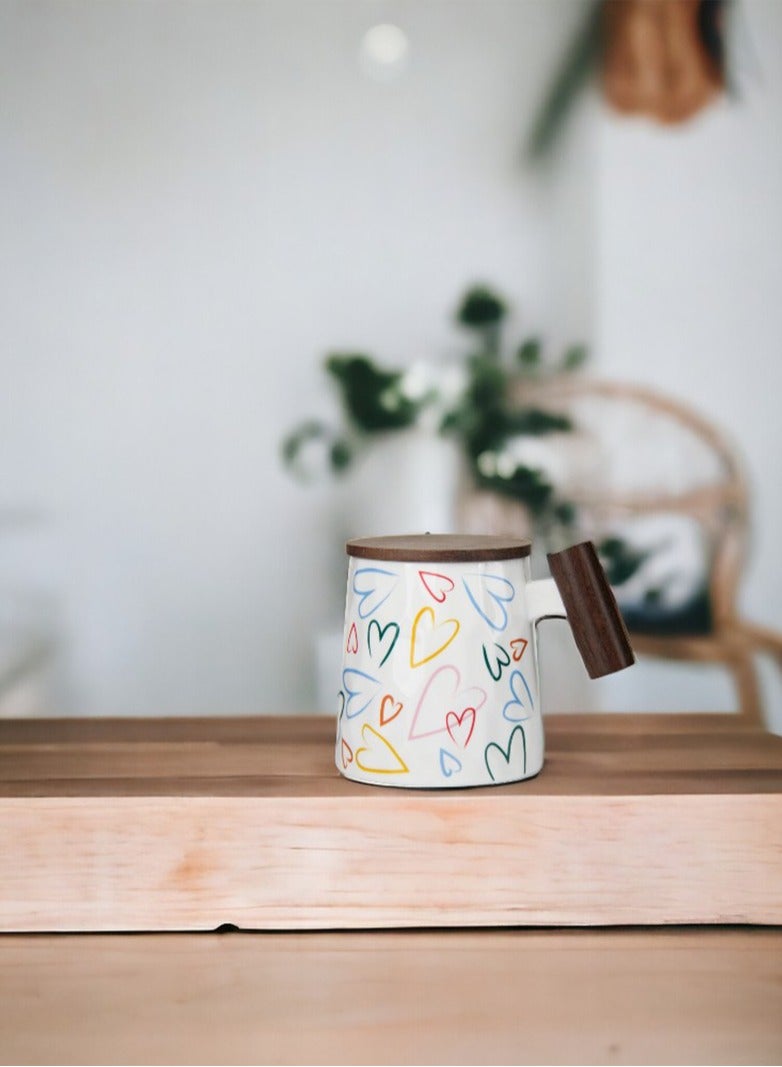 تيلاند كوب بورسلين بغطاء يتميز بمقبض من خشب الورد مثالي للقهوة والشاي واللاتيه والكابتشينو والكاكاو الساخن والحليب وكوب شاي سيراميك للحفلات لمحبي الشاي والهدايا والمنزل والمكتب 400 مل على شكل قلب - Image 3