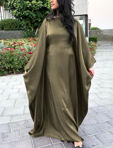 ODIZLI Satin Abaya Dress for Women Dubai Kaftans Modern Elegant Caftan Arabic Party Wear Long Sleeve Sparkle Kaftan Dress Prayer Clothes for Muslim Women Muslim Clothes Eid Ramadan Dress Army Green Two - Image 2