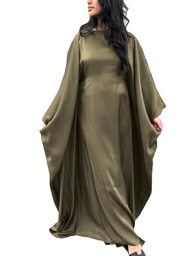 ODIZLI Satin Abaya Dress for Women Dubai Kaftans Modern Elegant Caftan Arabic Party Wear Long Sleeve Sparkle Kaftan Dress Prayer Clothes for Muslim Women Muslim Clothes Eid Ramadan Dress Army Green Two - Image 5