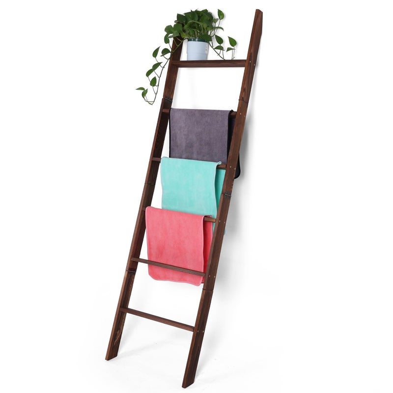 Zelbuck Blanket Ladder for Living Room and Bedroom6Tier Decorative Display Ladder ShelfLadder Rack for Storage and DecorWall Leaning Farmhouse Blanket StorageTowel Rack BathroomBrown
