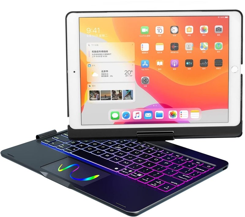 ProElite Rotatable Wireless Bluetooth TouchPad Keyboard flip case Cover for Apple iPad 10.2 inch 9th/8th/7th Generation, Built-in 7-Colors Backlit, Black - Image 1