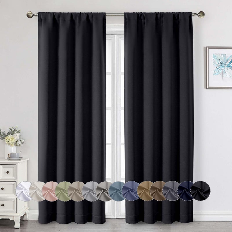 WelvetBLK Black Blackout Curtains 84 Inch Length 2 Panels Set, Soft Solid Thermal Insulated Room Darkening Curtains 84 Inches Long for Bedroom Living Room, Rod Pocket Drape, Black, Each 40" Wx84 L - Image 1