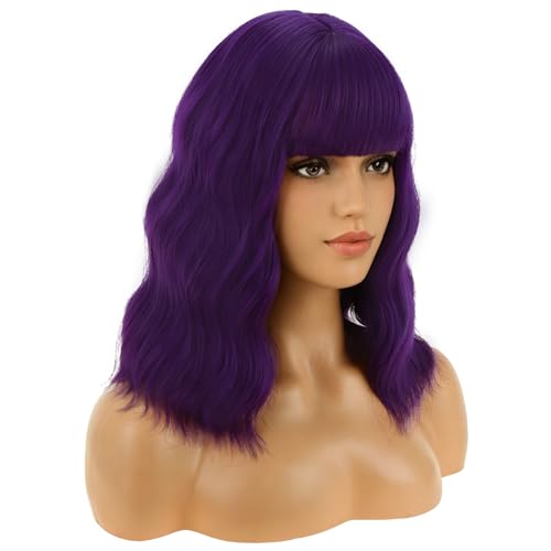 BERON 14 Inches Purple Wig for Women Short Curly Wig Dark Purple Wigs Synthetic Wigs with Bangs Hairnet Include - Image 3