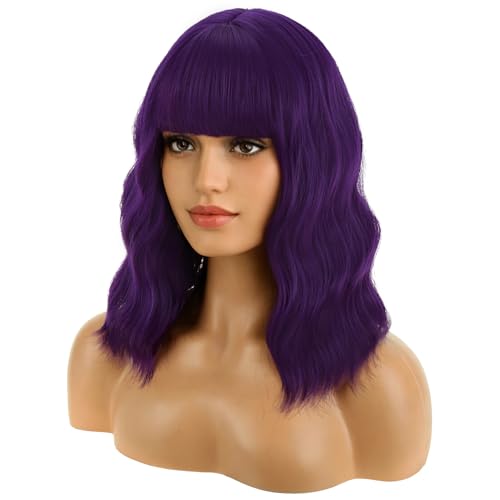 BERON 14 Inches Purple Wig for Women Short Curly Wig Dark Purple Wigs Synthetic Wigs with Bangs Hairnet Include - Image 1