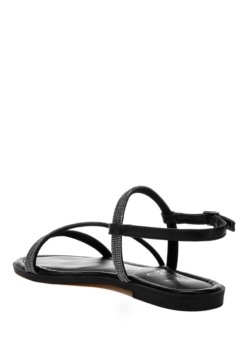 London Rag Rhinestone Strappy Flat Sandals in Black