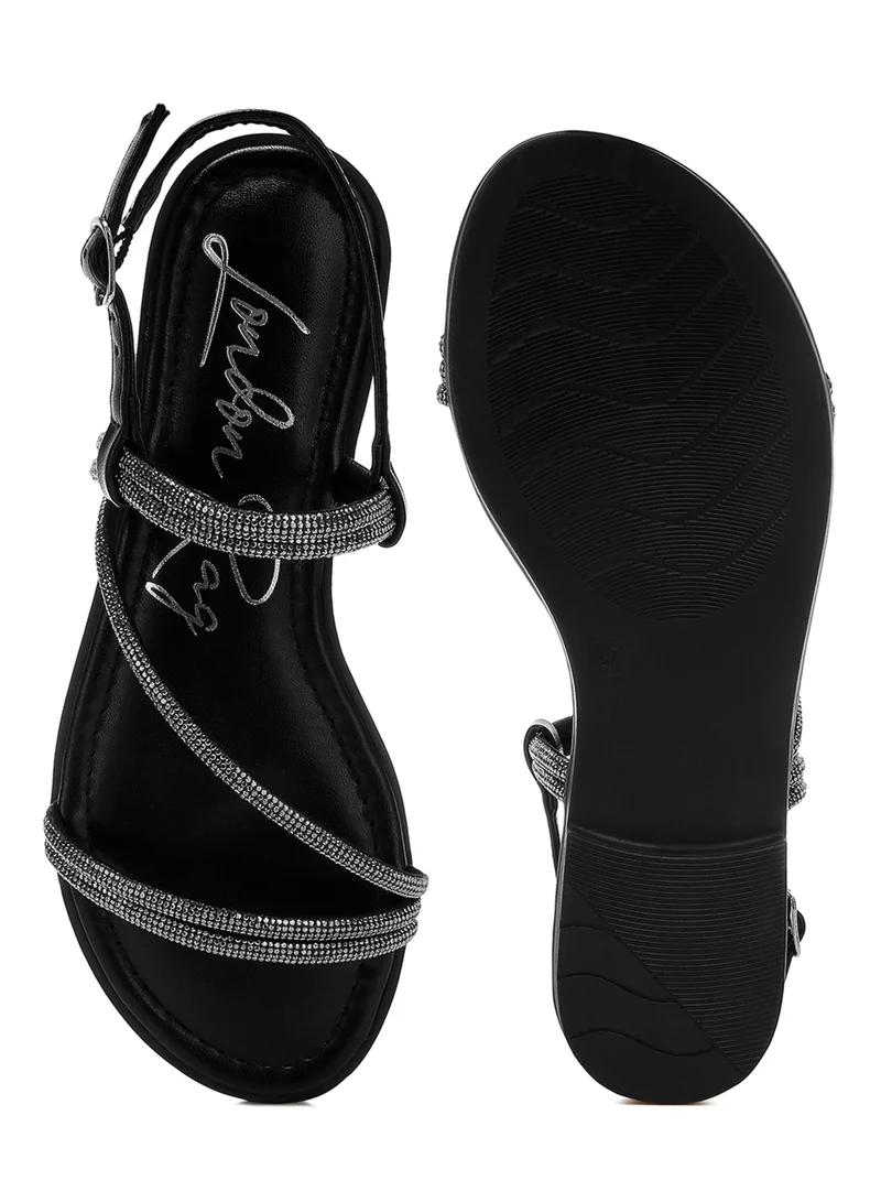 London Rag Rhinestone Strappy Flat Sandals in Black