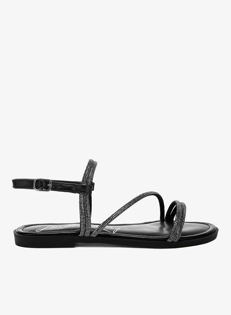 Rhinestone Strappy Flat Sandals in Black