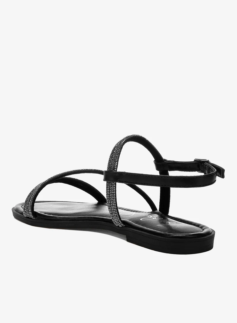 London Rag Black Rhinestone Strappy Flat Sandals in Black for Women | Best Price UAE