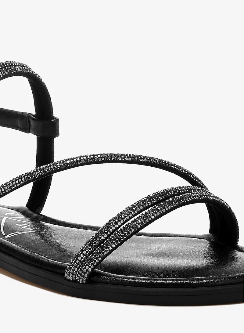 London Rag Black Rhinestone Strappy Flat Sandals in Black for Women | Best Price UAE