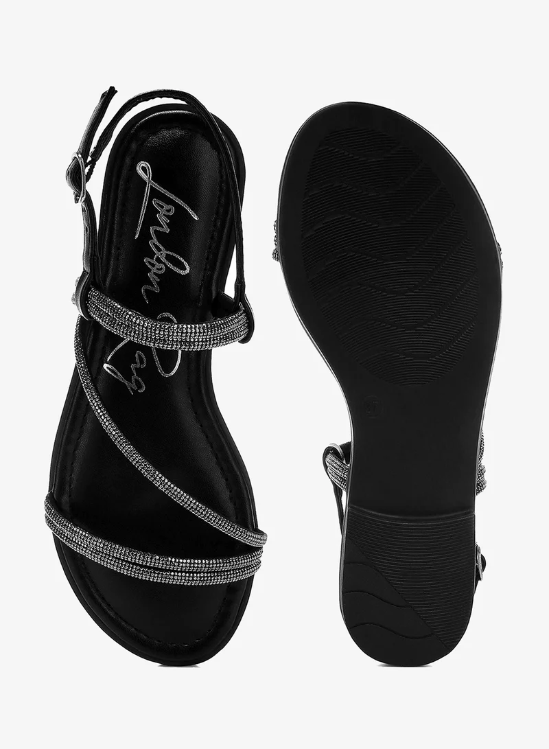 London Rag Black Rhinestone Strappy Flat Sandals in Black for Women | Best Price UAE