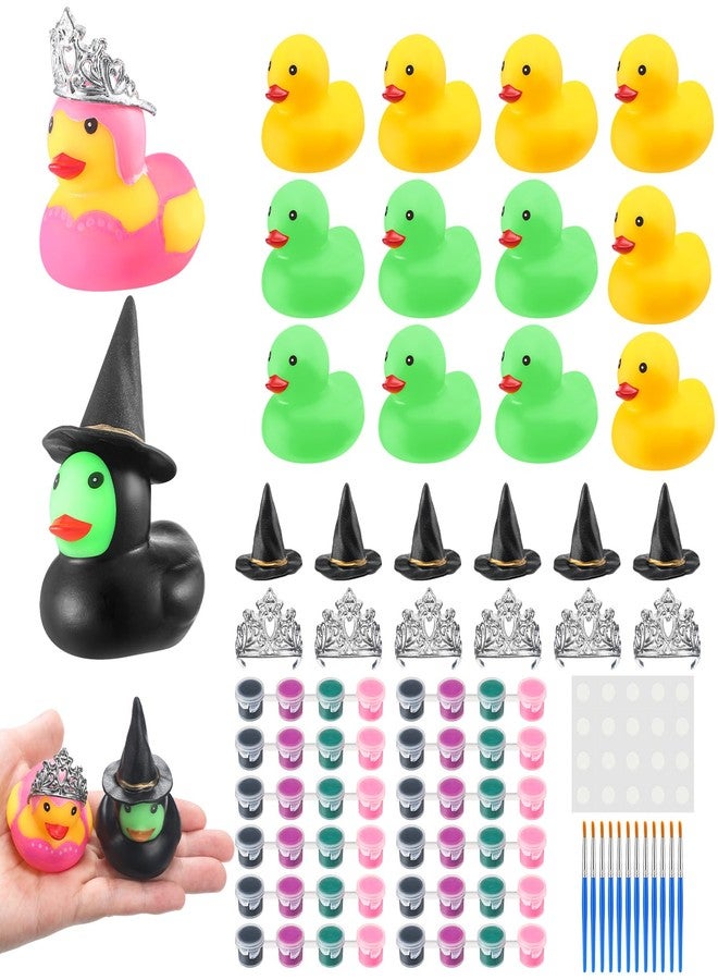 Qunclay 12 Set Halloween Witch Pink and Green Princess Party Favor Make Your Own Rubber Duck DIY Painting Craft Kit with Witch Hat and Crown for Halloween Basket Fillers Decorations - Image 1