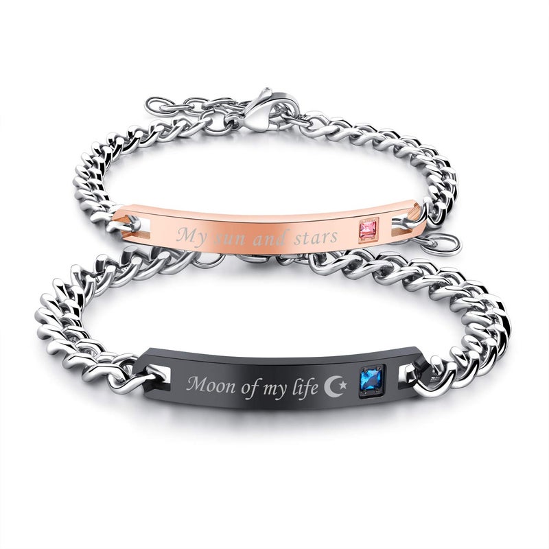 Cupimatch 2pcs CZ His and Hers Couple Bracelets Set, Adjustable Titanium Stainless Steel Always & Forever Forever & Always Love Matching Bracelet Link Jewelry Set, Large, Metal, Cubic Zirconia - Image 1