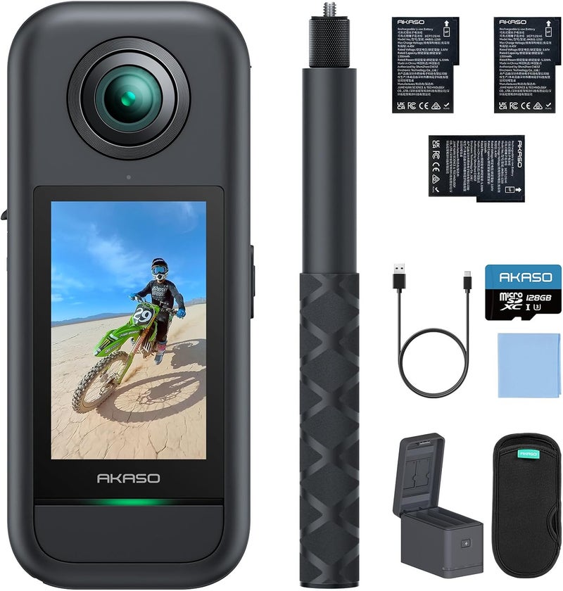 Akaso 360 Weatherproof 360° Action Camera - 5.7K 360 Video with 1/2" 48MP Sensors, 72MP 360 Photo, 360-SuperSmooth, Invisible Selfie Stick, 360° Horizon Lock, AI Tracking with 128GB MicroSD Card - Image 1