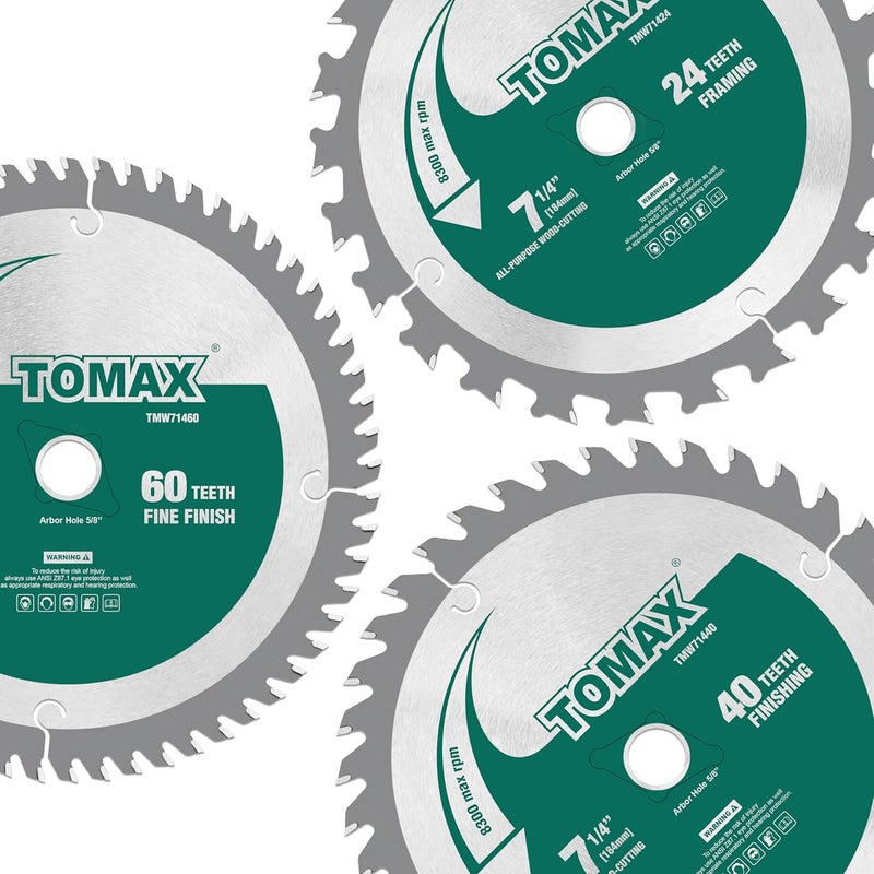 TOMAX 3 Pack Combo 7-1/4 Inch Circular Saw Blades with 5/8" Arbor, TCT ATB 24T Framing, 40T Crosscutting, 60T Finish Saw Blade for Various Wood Cutting - Image 2