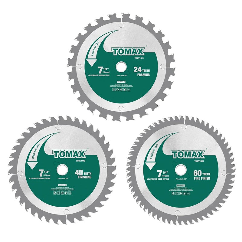 TOMAX 3 Pack Combo 7-1/4 Inch Circular Saw Blades with 5/8" Arbor, TCT ATB 24T Framing, 40T Crosscutting, 60T Finish Saw Blade for Various Wood Cutting - Image 1
