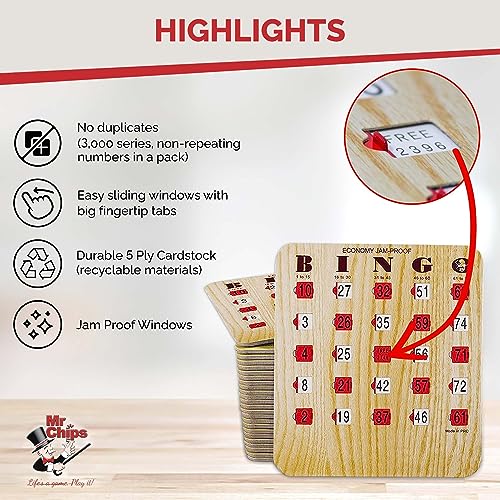 MR CHIPS Jam-Proof Bingo Cards with Sliding Windows, 25 Reusable Shutter Cards, 75 Calling Cards 1 Master Board in Tan Woodgrain Style - Image 5