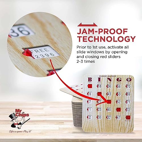 MR CHIPS Jam-Proof Bingo Cards with Sliding Windows, 25 Reusable Shutter Cards, 75 Calling Cards 1 Master Board in Tan Woodgrain Style - Image 3