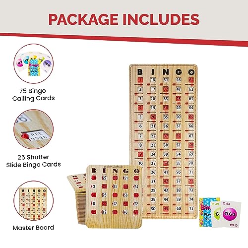 MR CHIPS Jam-Proof Bingo Cards with Sliding Windows, 25 Reusable Shutter Cards, 75 Calling Cards 1 Master Board in Tan Woodgrain Style - Image 4